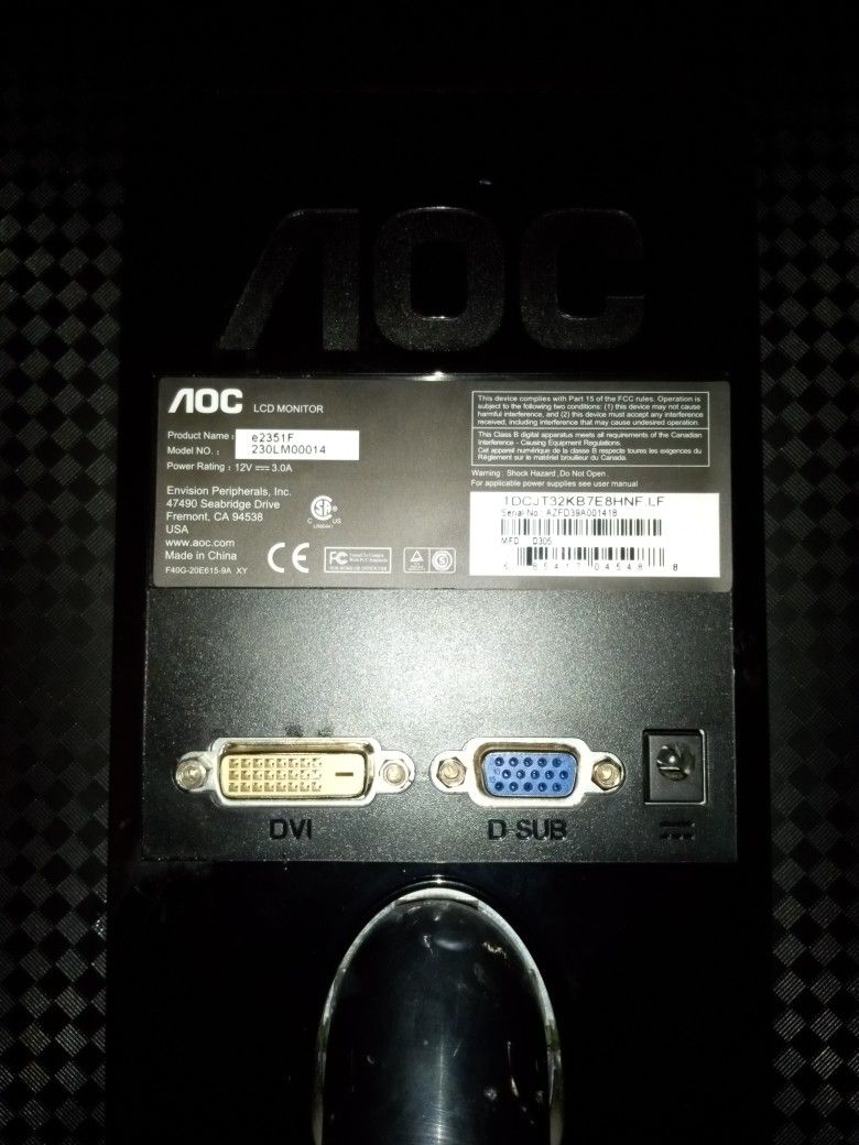 AOC Lcd Monitor E2351F Has HDMI Adapter 