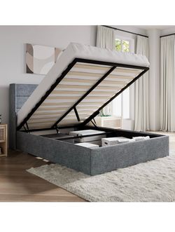 O763 $160  Full Size Lift Up Storage Bed/Modern Wingback Headboard/Upholstered Platform Bed Frame/Hydraulic Storage/No Box Spring Needed/Wood Slats Su
