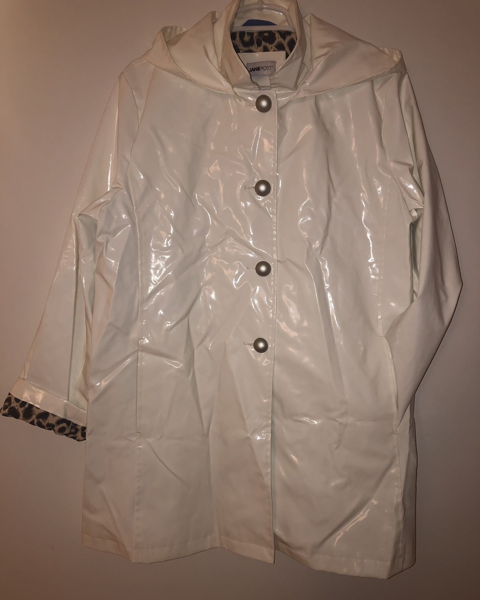 Ladies Rain Slicker Jacket XL / White Mid- Length With Detachable Hood 