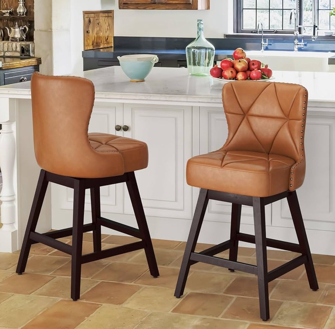 Counter Height Bar Stools Set of 2, 26"H Swivel Bar Stool with Back, Faux Leather Counter Stool, Solid Wood Legs, Retro Upholstered Barstools for Kitc