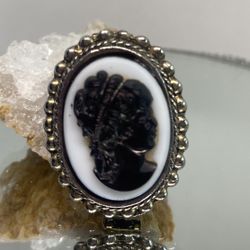 Vintage Milk Glass Black Glass Silhouette Women Raised Relief Brooch Or Connector