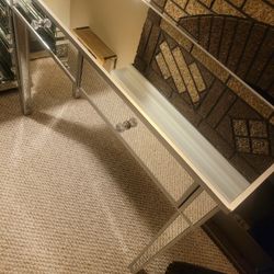 GLASS TABLE ( DOES HAVE CRACK ON ONE OF THE DRAWERS AS YOU CAN SEE IN PHOTO ) LIKE NEW CONDITIONS