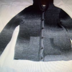 RUFF HEWN Women's Grey and Brown Wool Blend Knit Hooded Button Cardigan Size L