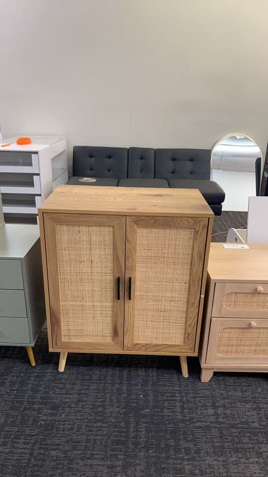 🔥Sideboard Buffet Cabinet, 32" Boho Buffet Table, Rattan Coffee Bar Cabinet with 2 Doors and Shelves for Kitchen, Living Room, Entryway, Natural $85