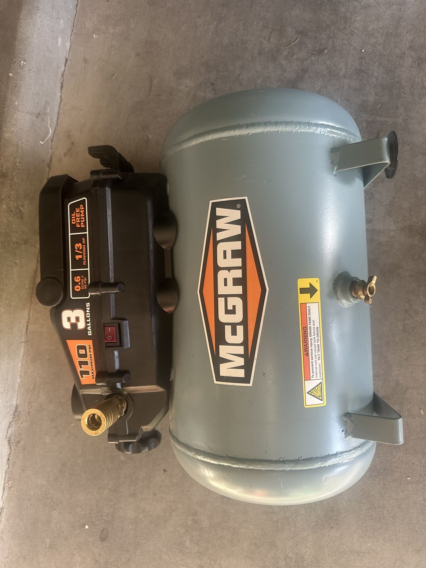 MCGRAW 3 Gallon 1/3 HP 110 PSI OilFree Hot Dog Air Compressor for Sale