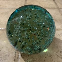 Large Heavy Glass Bubbled Teal Paperweight 