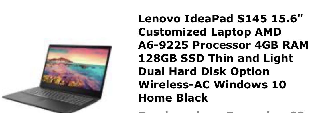 Lenovo IdeaPad S145 15.6" Customized Laptop AMD A6-9225 Processor 4GB RAM 128GB SSD Thin and Light Dual Hard Disk Option Wireless-AC Windows 10