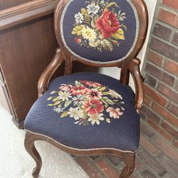 Antique/ Vintage Victorian Carved Walnut Needlepoint Chair  
