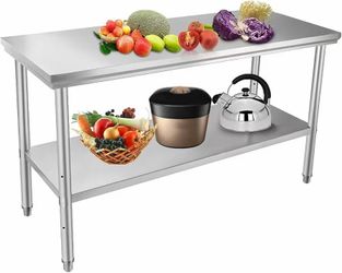 #R4 2-Tier Stainless Steel Work Table, 60 x 24 x 34 Inch, Commercial Kitchen Preparation Table, Heavy Duty Steel Food Work Table for Kitchen with Shel