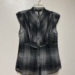 Women’s BCBGMAXAZRIA 100% Silk, Black & Gray Cap Sleeve Button Down Semi Sheer Top Blouse… Size Medium
