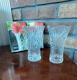 Vintage Mikasa Accent Cut Crystal Bud Vase Fan Design Sawtooth Rim 4.5" Pair