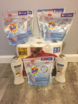 5tide Pods 16counts each bag 2body wash 1PT brawny 6rolls bundle for $30/ pick up Gahanna
