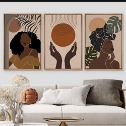 IDEA4WALL Mid Century Modern Boho  African American Stylish Black Woman Female Portrait Mid-Century Modern Boho Abstract Jungle Plant "" 3 - Pieces