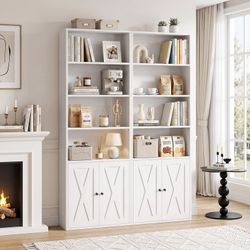 2PCS Bookcase with Doors, 6-Tier Bookshelf with Storage, Farmhouse Bookshelves with Cabinet, Storage Display Shelf for Living Room Home Office, White