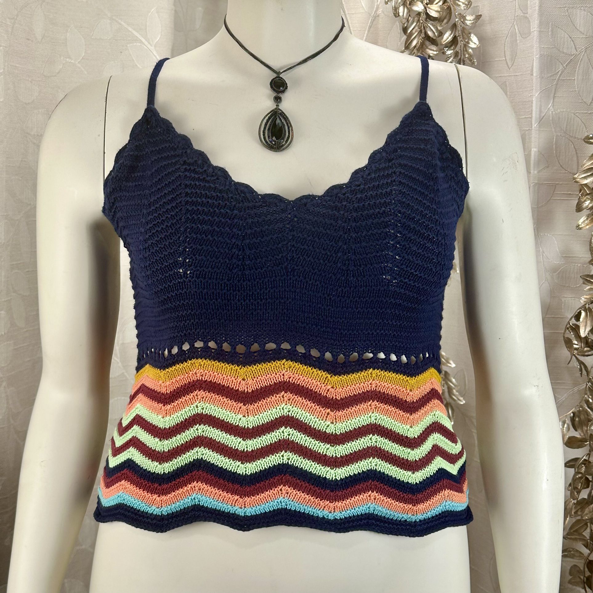 Mossimo Chevron Crochet Knit Tank Top Small Navy Multicolor Boho Festival