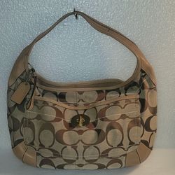 VINTAGE COACH TAN CANVAS AND LEATHER CLASP HOBO HANDBAG GET A WRISTLET PURSE FREE WITH THIS PURCHASE 