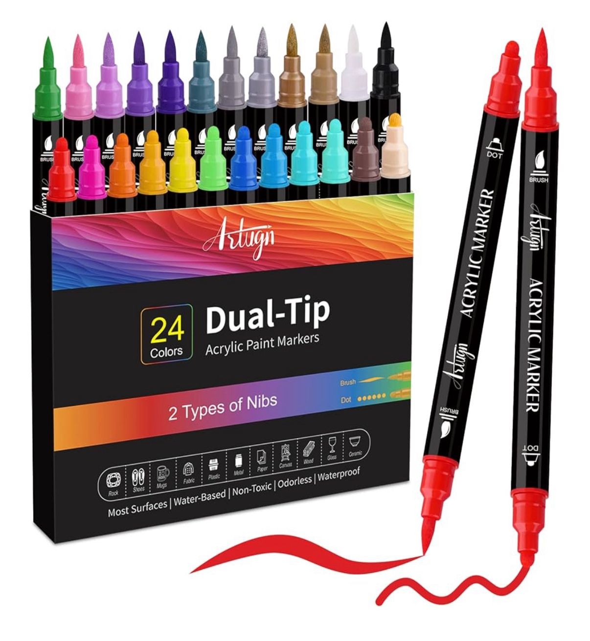 24 Colors Acrylic Paint Pens, Dual Tip Pens With Medium Tip and Brush Tip for Rock Painting, Ceramic, Wood, Plastic, Calligraphy, Scrapbooking, Brush