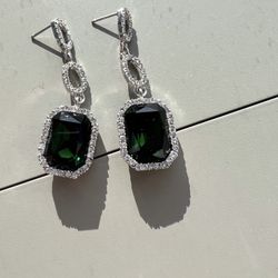 Large Dark Green Crystal and Diamond Drop Earrings