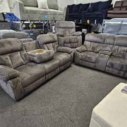 Super Black Friday Deal 3 Pcs Recliner Set Grey Plush Fabric $1299 