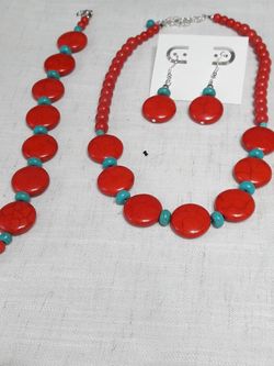 Coral Gemstone and Turquoise (Set Bracelet Earrings and Necklace)