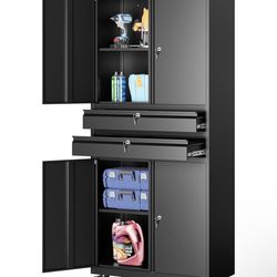 Metal Storage Cabinet with Wheels and Drawers,Rolling Garage Storage Cabinet with Locking Doors and Adjustable Shelves,73" Mobile Tall Large Metal Too
