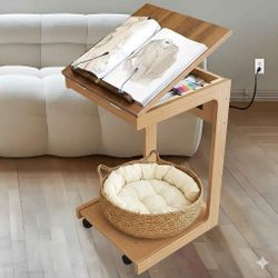 Brown C Shaped Small Side End Table with Charging Station Retails $99