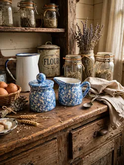 Blue Spongeware Sugar and Creamer Set