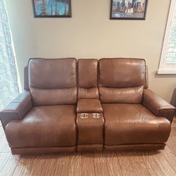 2 Brown Leather Reclining Loveseat with Cup Holders – Great Condition