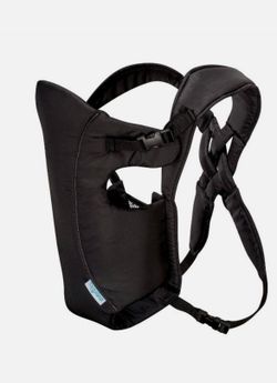 Evenflo soft baby carrier features a black fabric design with a prominent white logo patch