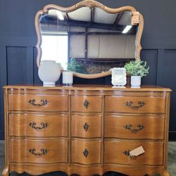 French Provincial Style Walnut Dresser With Mirror 