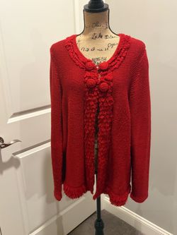 Red Knit Cardigan with Fringe and Pom-Pom Detail
