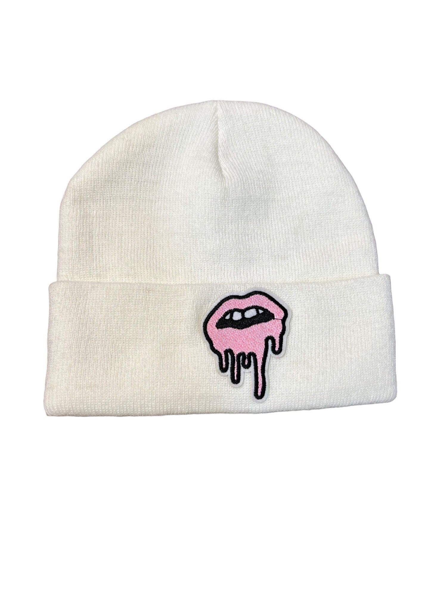 GiG Drippy Lips Iconic Beanie Knit Hat White Pink Skull Cap Drip Lip