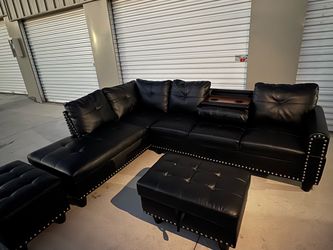 Black Faux Leather Sectional Sofa with Console and Storage Ottomans