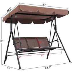 Outdoor Porch Swing Chair for Adults, 3-Seat Patio Sunset Hanging Swing Adjustable Canopy, Dark Brown