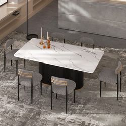 71inch Luxury Faux Marble Top Column Base Dining Table Rectangular Metal Frame in White for Kitchen Seats of 6 Questions
