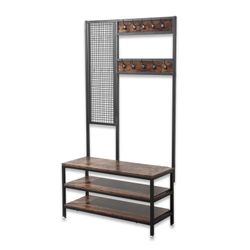 Hall Tree Hallway Coat Rack with 3-Tiers Shoe Bench + Grid Wall Industrial Style Metal Frame & Retro Wood (39.5 x 16 x 73 inches)