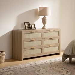57" Wide 6 Drawer Dresser Dressers with Ample Storage, Large Chest of Drawers, Closet, Boho TV Stand for Bedroom, Reclaimed Light Oak, 1 Piece