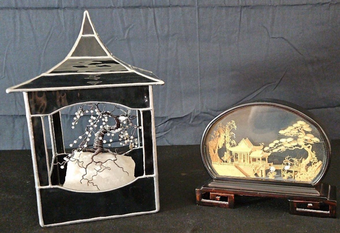 Mixed media decorative art pieces: stained glass pagoda lantern and cork carving diorama with Asian motif