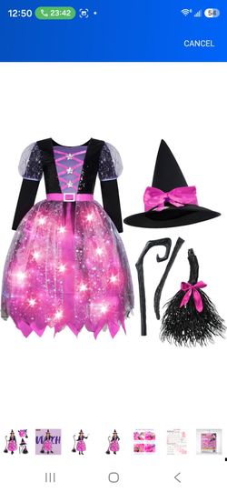 Spooktacular Creations Witch Costume Girls, Light Up Halloween Costumes Witch Dress with Hat and Broom for Girls, Sweet Wizard Set for Girls Scary Hal