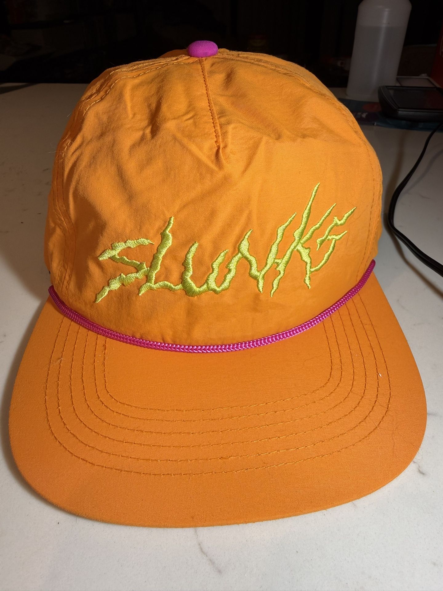 Slunks SnapBack Vintage Style Hat 1990s Orange And Yellow With Red Rope