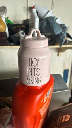 Rae dunn speckled Hop into spring baby canister 