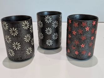 Set Of 3 Kafuh Japanese Ceramic Cups Floral Star Pattern Stoneware Tumblers
