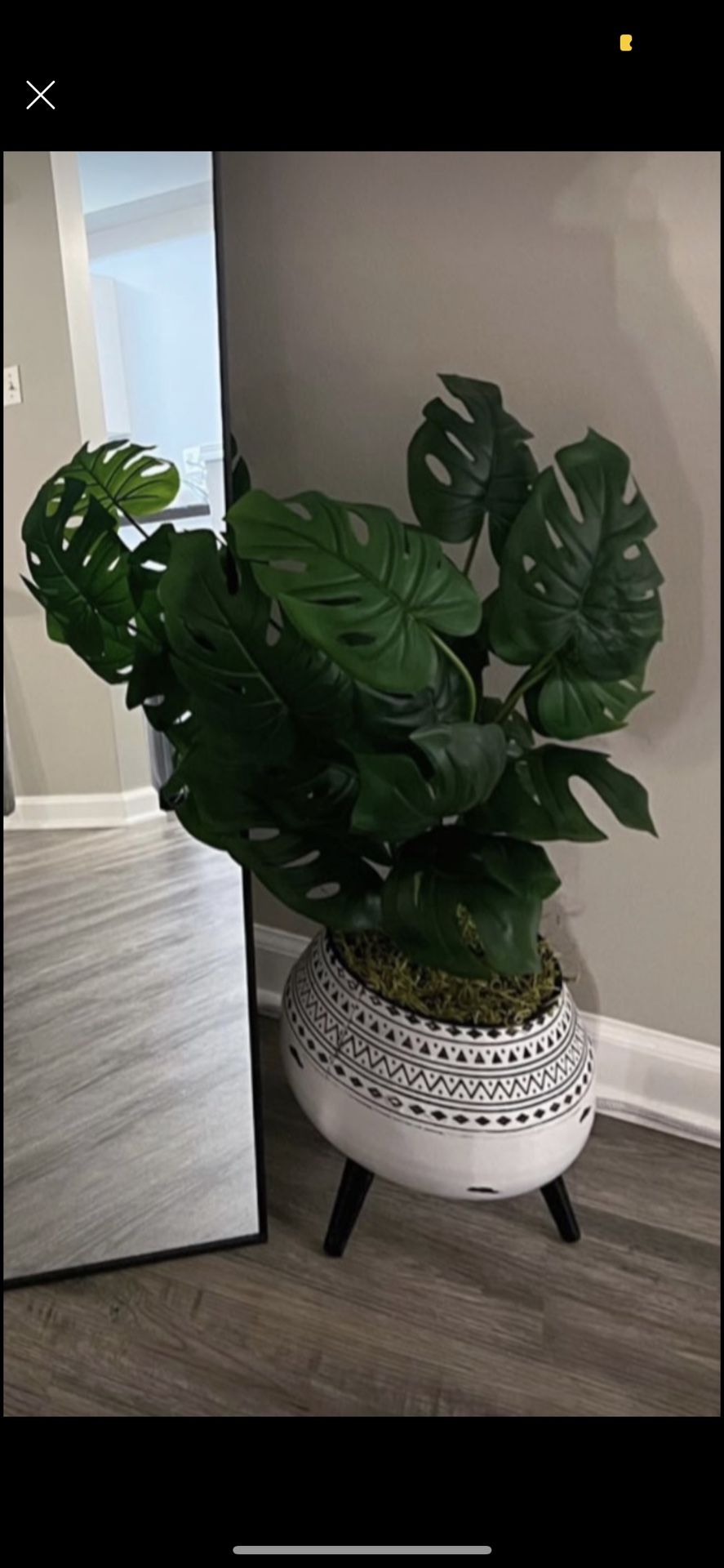 Faux fake monstera plant and metal planter with legs