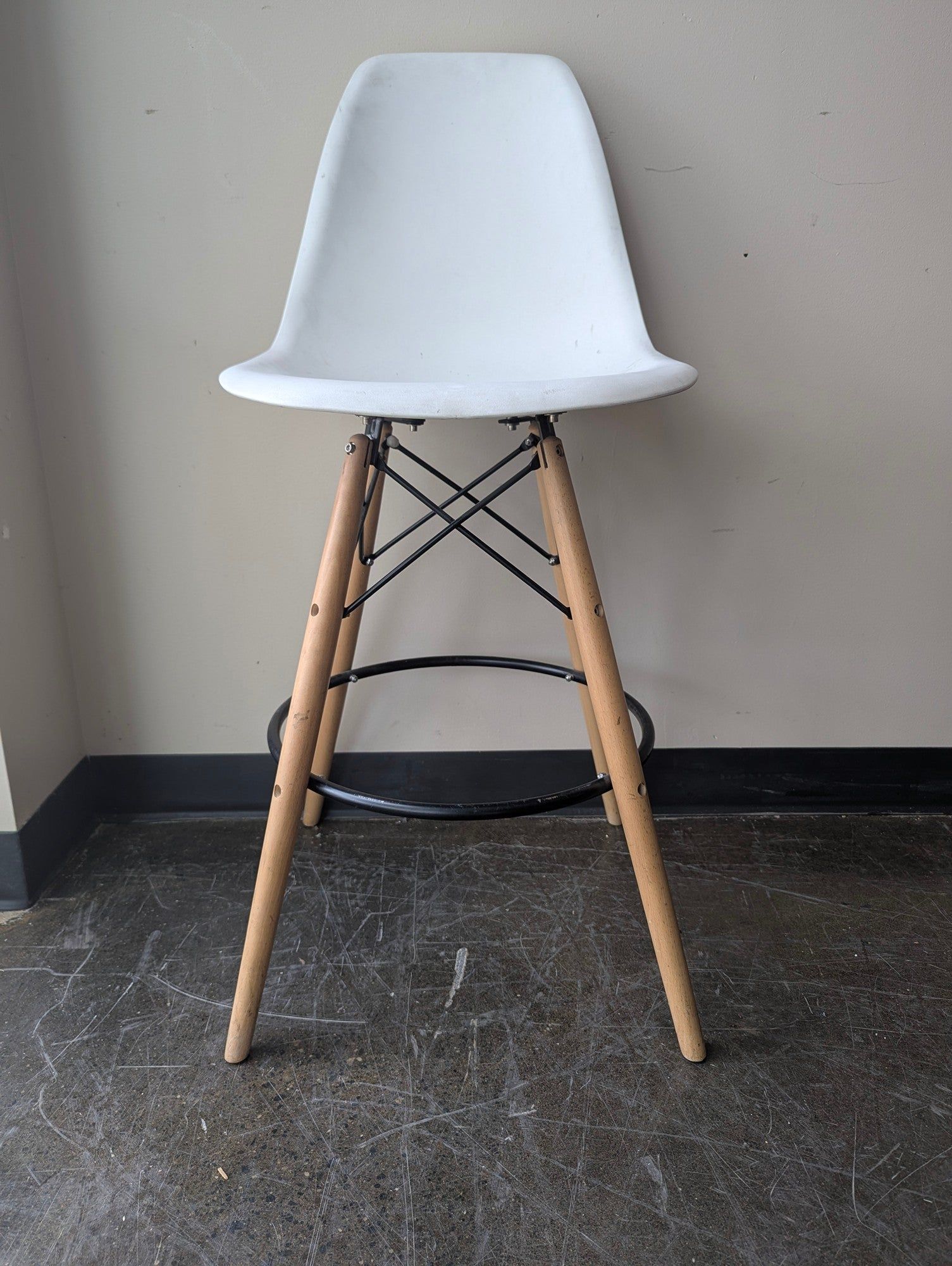 Mid-Century Modern Style White Bar Stool with Wood Legs