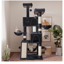 65in Larger Cat Tree Tower Condo for Indoor Cats, Multi-Level Furniture Activity Center with Wide Base/Cozy Plush Cat Perches/Baskets/Sisal Scratching