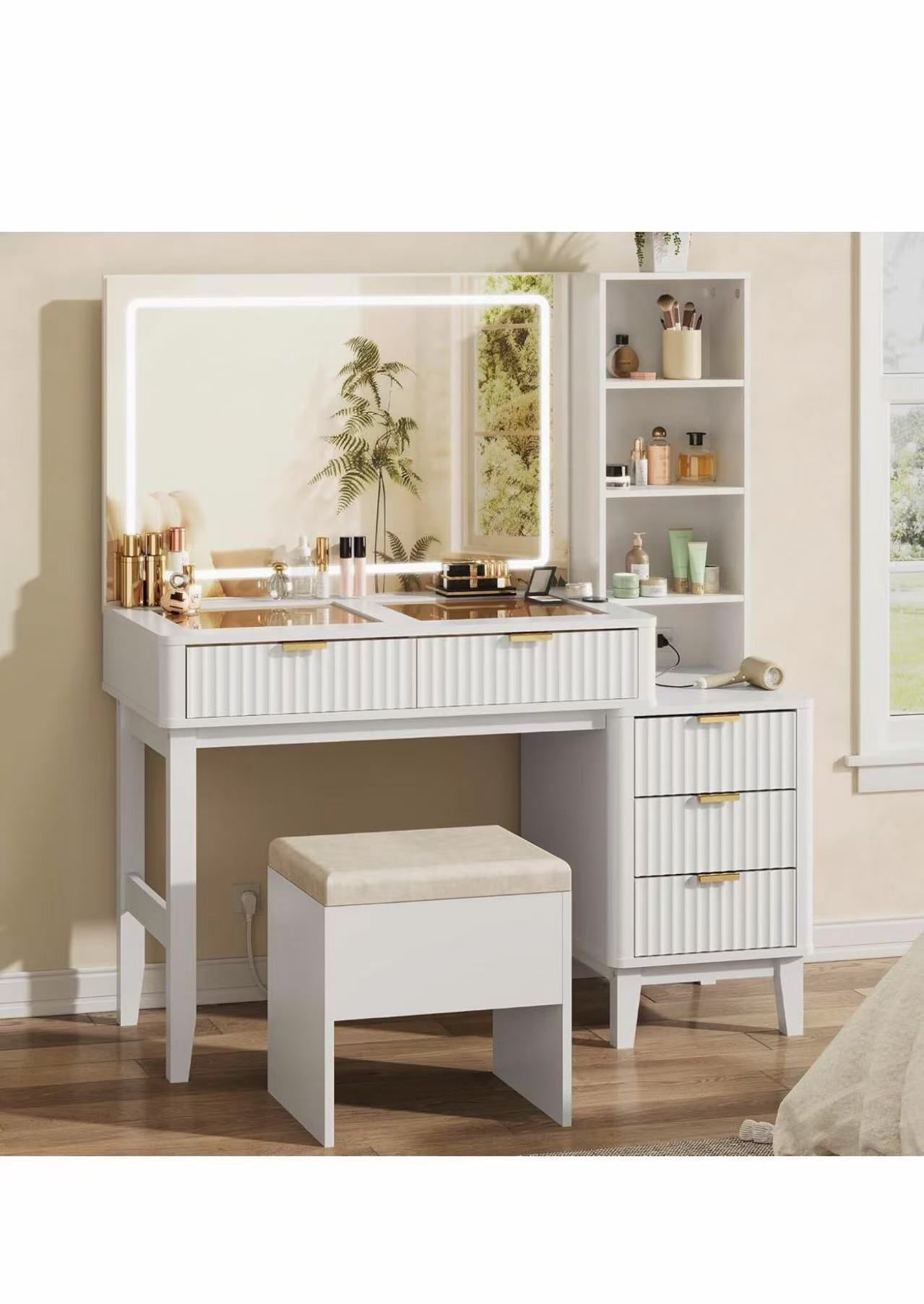 Fluted Vanity Desk with Mirror and Lights, Makeup Table with 5 Drawers and Storage Shelves, Bedroom Dressing Table with Charging Sta