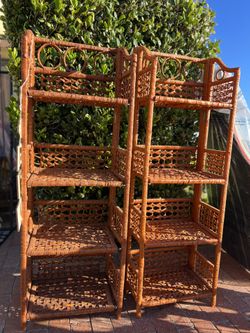 Pair Vintage Wicker 4-Shelves Folding Etagere Stand Bookcases