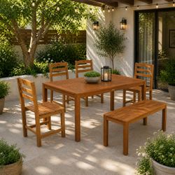 6-Pc Outdoor Patio Wood Dining Set - 64” Dining Table / 4 Chairs / 2-Person Bench [NEW IN BOX] <Assembly Required> 