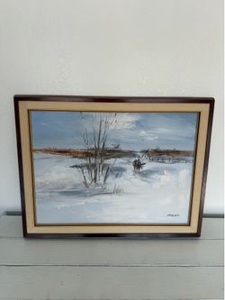 Original Vintage Young Woo Oil Painting – Snowy Winter Landscape – Large 33" x 25.5" Framed Signed Artwork