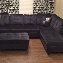 Black Microfiber Sectional Couch And Ottoman
